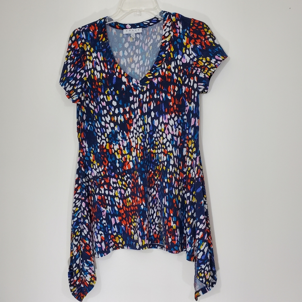Chaus multicolored v neck short sleeve blouse, Size Medium